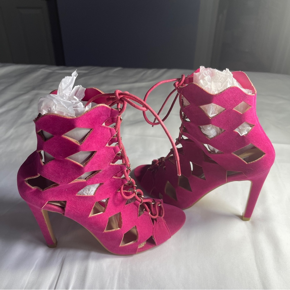 Cape Robbin Heidi-3 Hot Hot Pink Lace-Up Cut Out Stilettos NWOT